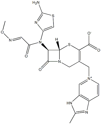 (7R)-7-[(2-Amino-4-thiazolyl)(methoxyimino)acetylamino]-3-[[2-methyl-(3H-imidazo[4,5-c]pyridin-5-ium)-5-yl]methyl]cepham-3-ene-4-carboxylic acid 구조식 이미지