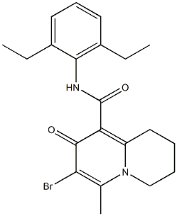 7-Bromo-1,2,3,8-tetrahydro-6-methyl-8-oxo-N-(2,6-diethylphenyl)-4H-quinolizine-9-carboxamide 구조식 이미지