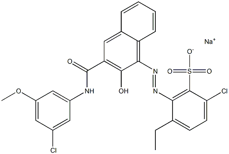 2-Chloro-5-ethyl-6-[[3-[[(3-chloro-5-methoxyphenyl)amino]carbonyl]-2-hydroxy-1-naphtyl]azo]benzenesulfonic acid sodium salt 구조식 이미지