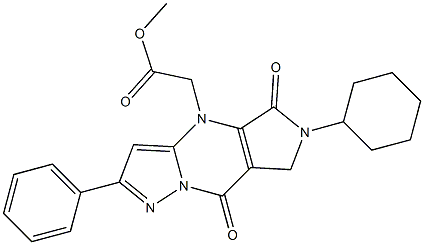 [(6-Cyclohexyl-5,6,7,8-tetrahydro-5,8-dioxo-2-phenyl-4H-1,4,6,8a-tetraaza-s-indacen)-4-yl]acetic acid methyl ester 구조식 이미지