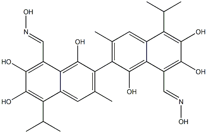 1,1',6,6',7,7'-Hexahydroxy-5,5'-diisopropyl-3,3'-dimethyl-2,2'-binaphthalene-8,8'-dicarbaldehyde dioxime 구조식 이미지