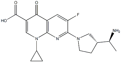 1-Cyclopropyl-7-[(3R)-3-[(1S)-1-aminoethyl]-1-pyrrolidinyl]-6-fluoro-4-oxo-1,4-dihydro-1,8-naphthyridine-3-carboxylic acid 구조식 이미지