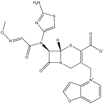 (7R)-7-[(2-Amino-4-thiazolyl)(methoxyimino)acetylamino]-3-[[(furo[3,2-b]pyridin-4-ium)-4-yl]methyl]cepham-3-ene-4-carboxylic acid 구조식 이미지
