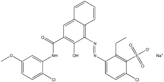 2-Chloro-6-ethyl-5-[[3-[[(2-chloro-5-methoxyphenyl)amino]carbonyl]-2-hydroxy-1-naphtyl]azo]benzenesulfonic acid sodium salt 구조식 이미지