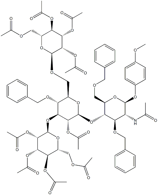 4-Methoxyphenyl 2-acetamido-4-O-[2-O-acetyl-3,6-di-O-(2,3,4,6-tetra-O-acetyl-a-D-mannopyranosyl)-4-O-benzyl-b-D-glucopyranosyl]-3,6-di-O-benzyl-2-deoxy-b-D-glucopyranoside 구조식 이미지