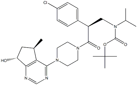tert-butyl (S)-2-(4-chlorophenyl)-3-(4-((5R,7R)-6,7-dihydro-7-hydroxy-5-methyl-5H-cyclopenta[d]pyrimidin-4-yl)piperazin-1-yl)-3-oxopropylisopropylcarbamate Structure