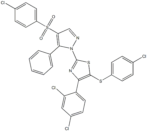 4-chlorophenyl 1-[5-[(4-chlorophenyl)sulfanyl]-4-(2,4-dichlorophenyl)-1,3-thiazol-2-yl]-5-phenyl-1H-pyrazol-4-yl sulfone 구조식 이미지