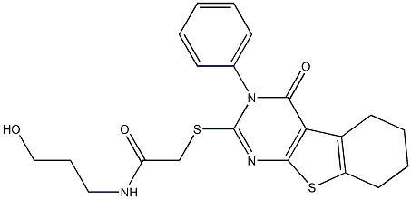 N-(3-hydroxypropyl)-2-[(4-oxo-3-phenyl-3,4,5,6,7,8-hexahydro[1]benzothieno[2,3-d]pyrimidin-2-yl)sulfanyl]acetamide 구조식 이미지