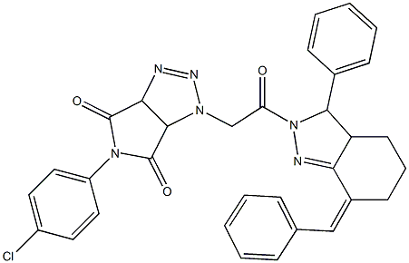 1-[2-(7-benzylidene-3-phenyl-3,3a,4,5,6,7-hexahydro-2H-indazol-2-yl)-2-oxoethyl]-5-(4-chlorophenyl)-3a,6a-dihydropyrrolo[3,4-d][1,2,3]triazole-4,6(1H,5H)-dione 구조식 이미지