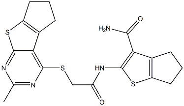 2-({[(2-methyl-6,7-dihydro-5H-cyclopenta[4,5]thieno[2,3-d]pyrimidin-4-yl)sulfanyl]acetyl}amino)-5,6-dihydro-4H-cyclopenta[b]thiophene-3-carboxamide Structure