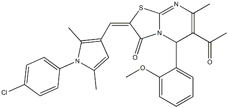 6-acetyl-2-{[1-(4-chlorophenyl)-2,5-dimethyl-1H-pyrrol-3-yl]methylene}-5-(2-methoxyphenyl)-7-methyl-5H-[1,3]thiazolo[3,2-a]pyrimidin-3(2H)-one 구조식 이미지