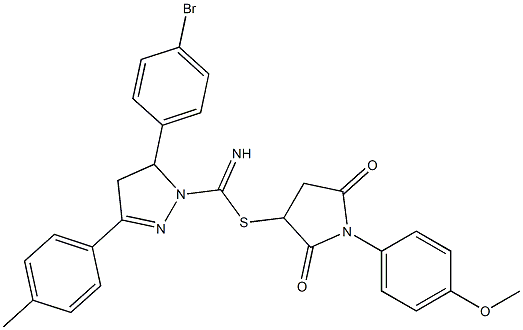 1-(4-methoxyphenyl)-2,5-dioxo-3-pyrrolidinyl 5-(4-bromophenyl)-3-(4-methylphenyl)-4,5-dihydro-1H-pyrazole-1-carbimidothioate 구조식 이미지