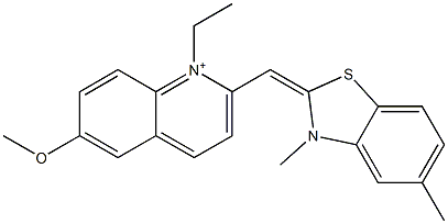 2-[(3,5-dimethyl-1,3-benzothiazol-2(3H)-ylidene)methyl]-1-ethyl-6-methoxyquinolinium 구조식 이미지