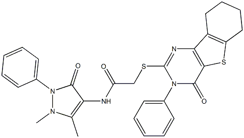 N-(1,5-dimethyl-3-oxo-2-phenyl-2,3-dihydro-1H-pyrazol-4-yl)-2-[(4-oxo-3-phenyl-3,4,6,7,8,9-hexahydro[1]benzothieno[3,2-d]pyrimidin-2-yl)sulfanyl]acetamide 구조식 이미지