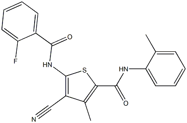 4-cyano-5-{[(2-fluorophenyl)carbonyl]amino}-3-methyl-N-(2-methylphenyl)thiophene-2-carboxamide Structure