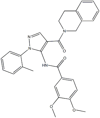 N-[4-(3,4-dihydro-2(1H)-isoquinolinylcarbonyl)-1-(2-methylphenyl)-1H-pyrazol-5-yl]-3,4-dimethoxybenzamide 구조식 이미지