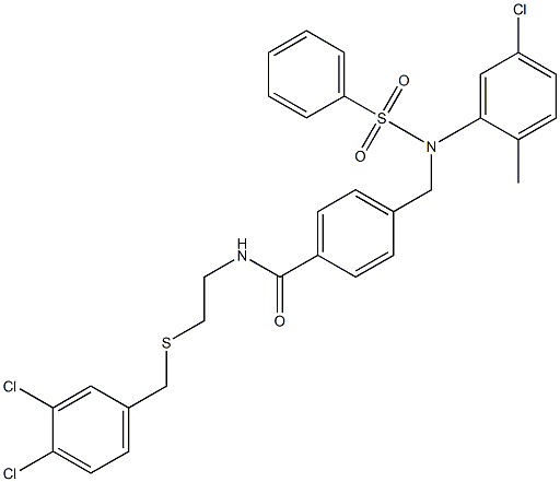 4-{[5-chloro-2-methyl(phenylsulfonyl)anilino]methyl}-N-{2-[(3,4-dichlorobenzyl)sulfanyl]ethyl}benzamide 구조식 이미지
