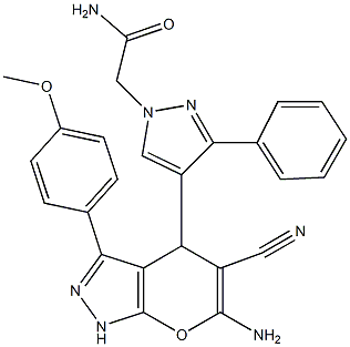2-{4-[6-amino-5-cyano-3-(4-methoxyphenyl)-1,4-dihydropyrano[2,3-c]pyrazol-4-yl]-3-phenyl-1H-pyrazol-1-yl}acetamide Structure