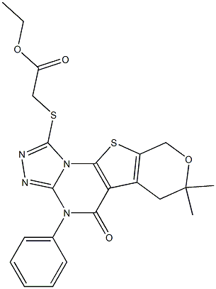 ethyl [(7,7-dimethyl-5-oxo-4-phenyl-4,5,6,9-tetrahydro-7H-pyrano[4',3':4,5]thieno[3,2-e][1,2,4]triazolo[4,3-a]pyrimidin-1-yl)sulfanyl]acetate 구조식 이미지