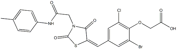 [2-bromo-6-chloro-4-({2,4-dioxo-3-[2-oxo-2-(4-toluidino)ethyl]-1,3-thiazolidin-5-ylidene}methyl)phenoxy]acetic acid Structure