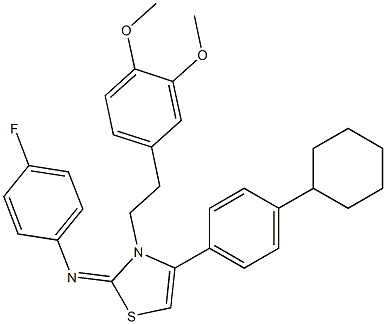 N-(4-(4-cyclohexylphenyl)-3-[2-(3,4-dimethoxyphenyl)ethyl]-1,3-thiazol-2(3H)-ylidene)-N-(4-fluorophenyl)amine 구조식 이미지