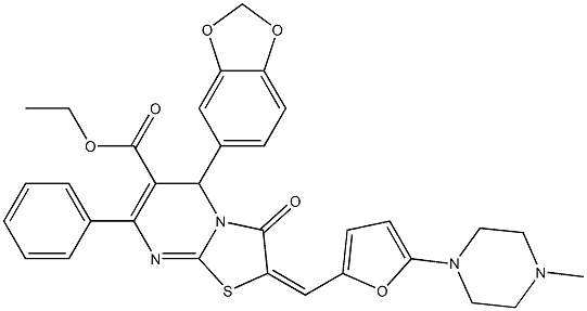 ethyl 5-(1,3-benzodioxol-5-yl)-2-{[5-(4-methyl-1-piperazinyl)-2-furyl]methylene}-3-oxo-7-phenyl-2,3-dihydro-5H-[1,3]thiazolo[3,2-a]pyrimidine-6-carboxylate 구조식 이미지