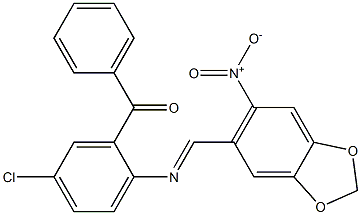 (5-chloro-2-{[(E)-(6-nitro-1,3-benzodioxol-5-yl)methylidene]amino}phenyl)(phenyl)methanone 구조식 이미지