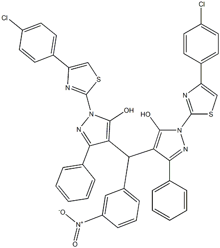 1-[4-(4-chlorophenyl)-1,3-thiazol-2-yl]-4-[{1-[4-(4-chlorophenyl)-1,3-thiazol-2-yl]-5-hydroxy-3-phenyl-1H-pyrazol-4-yl}(3-nitrophenyl)methyl]-3-phenyl-1H-pyrazol-5-ol 구조식 이미지