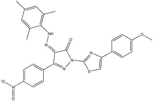 1-[4-(4-methoxyphenyl)-1,3-thiazol-2-yl]-3-(4-nitrophenyl)-1H-pyrazole-4,5-dione 4-(N-mesitylhydrazone) 구조식 이미지