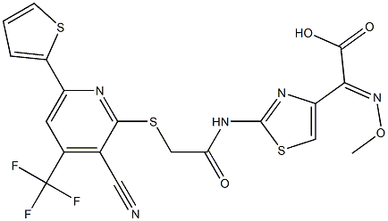 2-{2-[(2-{[3-cyano-6-(2-thienyl)-4-(trifluoromethyl)-2-pyridinyl]sulfanyl}acetyl)amino]-1,3-thiazol-4-yl}-2-(methoxyimino)acetic acid Structure