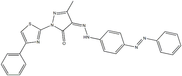 3-methyl-1-(4-phenyl-1,3-thiazol-2-yl)-1H-pyrazole-4,5-dione 4-(N-{4-[(E)-2-phenyldiazenyl]phenyl}hydrazone) 구조식 이미지