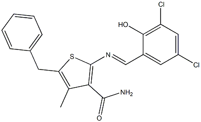 5-benzyl-2-{[(E)-(3,5-dichloro-2-hydroxyphenyl)methylidene]amino}-4-methyl-3-thiophenecarboxamide Structure