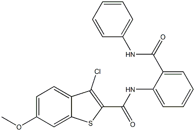 N-[2-(anilinocarbonyl)phenyl]-3-chloro-6-methoxy-1-benzothiophene-2-carboxamide 구조식 이미지