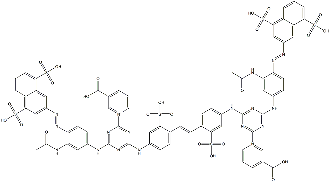 1,1'-[1,2-Ethenediylbis[(3-sulfo-4,1-phenylene)imino[6-[[3-(acetylamino)-4-[(4,8-disulfo-2-naphthalenyl)azo]phenyl]amino]-1,3,5-triazine-4,2-diyl]]]bis[3-carboxypyridinium] 구조식 이미지