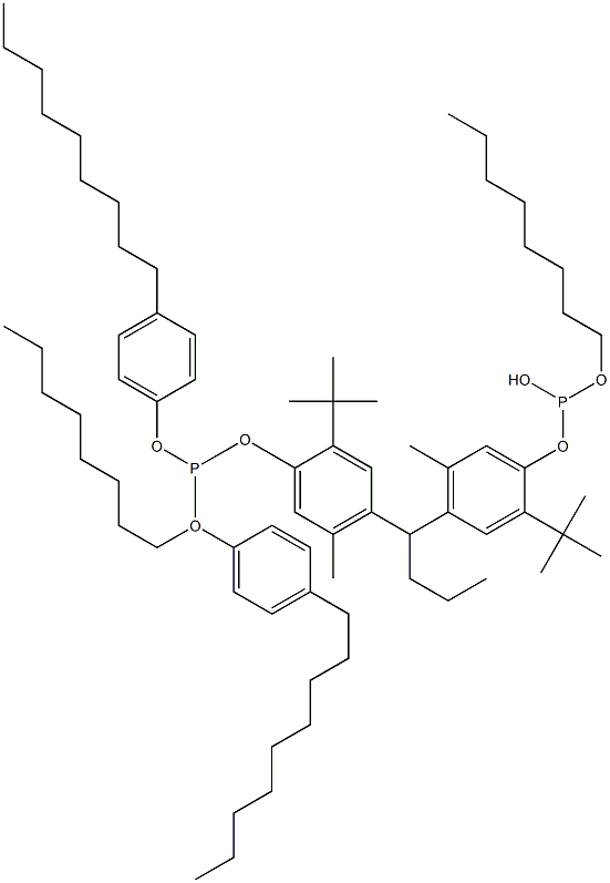 [Butylidenebis(2-tert-butyl-5-methyl-4,1-phenyleneoxy)]bis(phosphonous acid)O,O'-dioctyl O,O'-bis(4-nonylphenyl) ester Structure