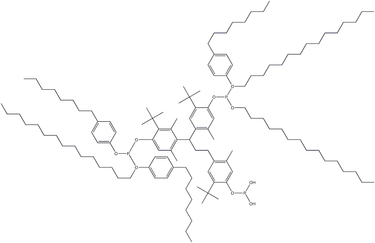 [3-Methyl-1,1,3-propanetriyltris(2-tert-butyl-5-methyl-4,1-phenyleneoxy)]tris(phosphonous acid)O,O',O''-tripentadecyl O,O',O''-tris(4-octylphenyl) ester Structure