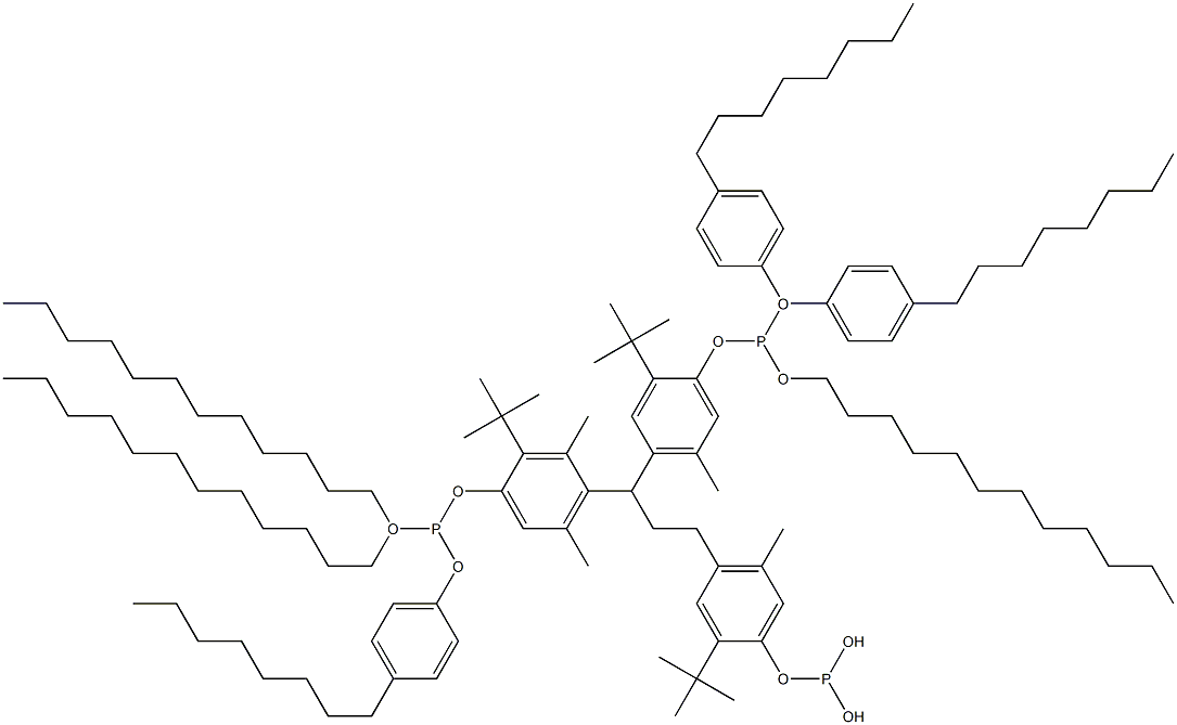 [3-Methyl-1,1,3-propanetriyltris(2-tert-butyl-5-methyl-4,1-phenyleneoxy)]tris(phosphonous acid)O,O',O'-tridodecyl O,O'',O''-tris(4-octylphenyl) ester 구조식 이미지