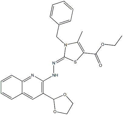 2-[2-[3-(1,3-Dioxolane-2-yl)quinoline-2-yl]hydrazono]-3-benzyl-2,3-dihydro-4-methylthiazole-5-carboxylic acid ethyl ester Structure