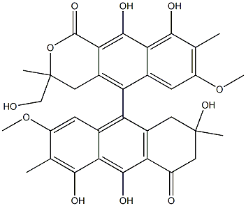 3,4-Dihydro-9,10-dihydroxy-3-hydroxymethyl-3,8-dimethyl-7-methoxy-5-[(1,2,3,4-tetrahydro-2,5,10-trihydroxy-2,6-dimethyl-7-methoxy-4-oxoanthracen)-9-yl]-1H-naphtho[2,3-c]pyran-1-one Structure