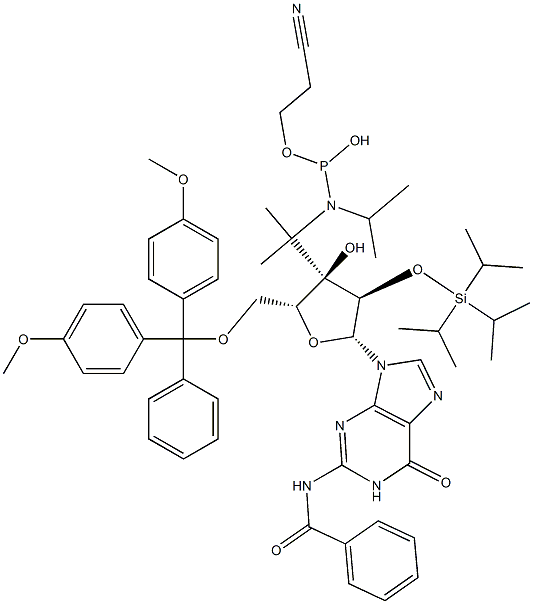 N-Benzoyl-5'-O-(4,4'-dimethoxytrityl)-2'-O-(triisopropylsilyl)guanosine 3'-[diisopropylaminophosphonous acid (2-cyanoethyl)] ester 구조식 이미지