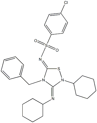 2-Cyclohexyl-3-cyclohexylimino-4-benzyl-5-(4-chlorophenyl)sulfonylimino-1,2,4-thiadiazolidine 구조식 이미지