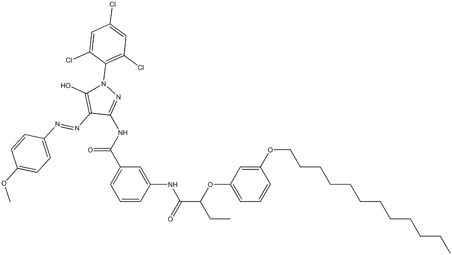 1-(2,4,6-Trichlorophenyl)-3-[3-[2-(3-dodecyloxyphenoxy)butanoylamino]benzoylamino]-4-(p-methoxyphenylazo)-1H-pyrazol-5-ol Structure