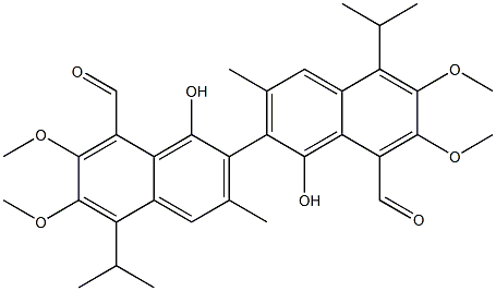 1,1'-Dihydroxy-6,6',7,7'-tetramethoxy-5,5'-diisopropyl-3,3'-dimethyl-2,2'-binaphthalene-8,8'-dicarbaldehyde Structure
