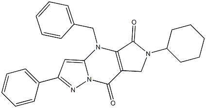 6-Cyclohexyl-6,7-dihydro-4-benzyl-2-phenyl-4H-1,4,6,8a-tetraaza-s-indacene-5,8-dione Structure
