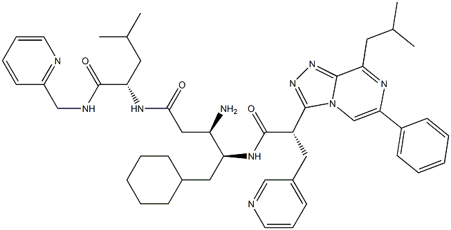 (2S)-2-[[(3R,4S)-3-Amino-5-cyclohexyl-4-[[(2S)-2-(8-isobutyl-6-phenyl-1,2,4-triazolo[4,3-a]pyrazin-3-yl)-3-(3-pyridinyl)propanoyl]amino]pentanoyl]amino]-4-methyl-N-(2-pyridinylmethyl)valeramide 구조식 이미지