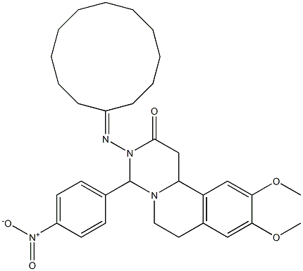 3-(Cyclododecan-1-ylideneamino)-4-(4-nitrophenyl)-9,10-dimethoxy-1,3,4,6,7,11b-hexahydro-2H-pyrimido[6,1-a]isoquinolin-2-one 구조식 이미지