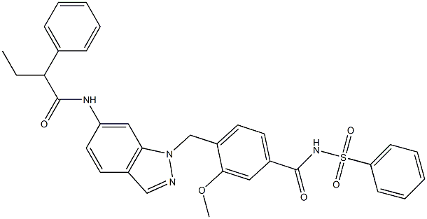 4-[6-(2-Phenylbutyrylamino)-1H-indazol-1-ylmethyl]-3-methoxy-N-phenylsulfonylbenzamide 구조식 이미지