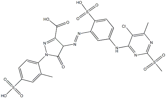 4-[[5-[[5-Chloro-6-methyl-2-(methylsulfonyl)-4-pyrimidinyl]amino]-2-sulfophenyl]azo]-4,5-dihydro-1-(2-methyl-4-sulfophenyl)-5-oxo-1H-pyrazole-3-carboxylic acid 구조식 이미지