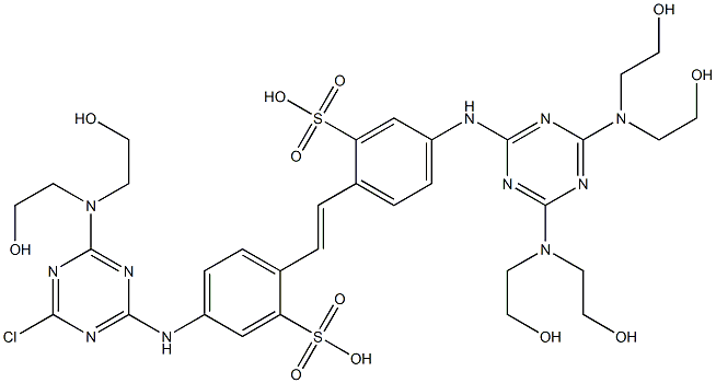 4-[4-Chloro-6-[bis(2-hydroxyethyl)amino]-1,3,5-triazin-2-ylamino]-4'-[4,6-bis[bis(2-hydroxyethyl)amino]-1,3,5-triazin-2-ylamino]-2,2'-stilbenedisulfonic acid 구조식 이미지