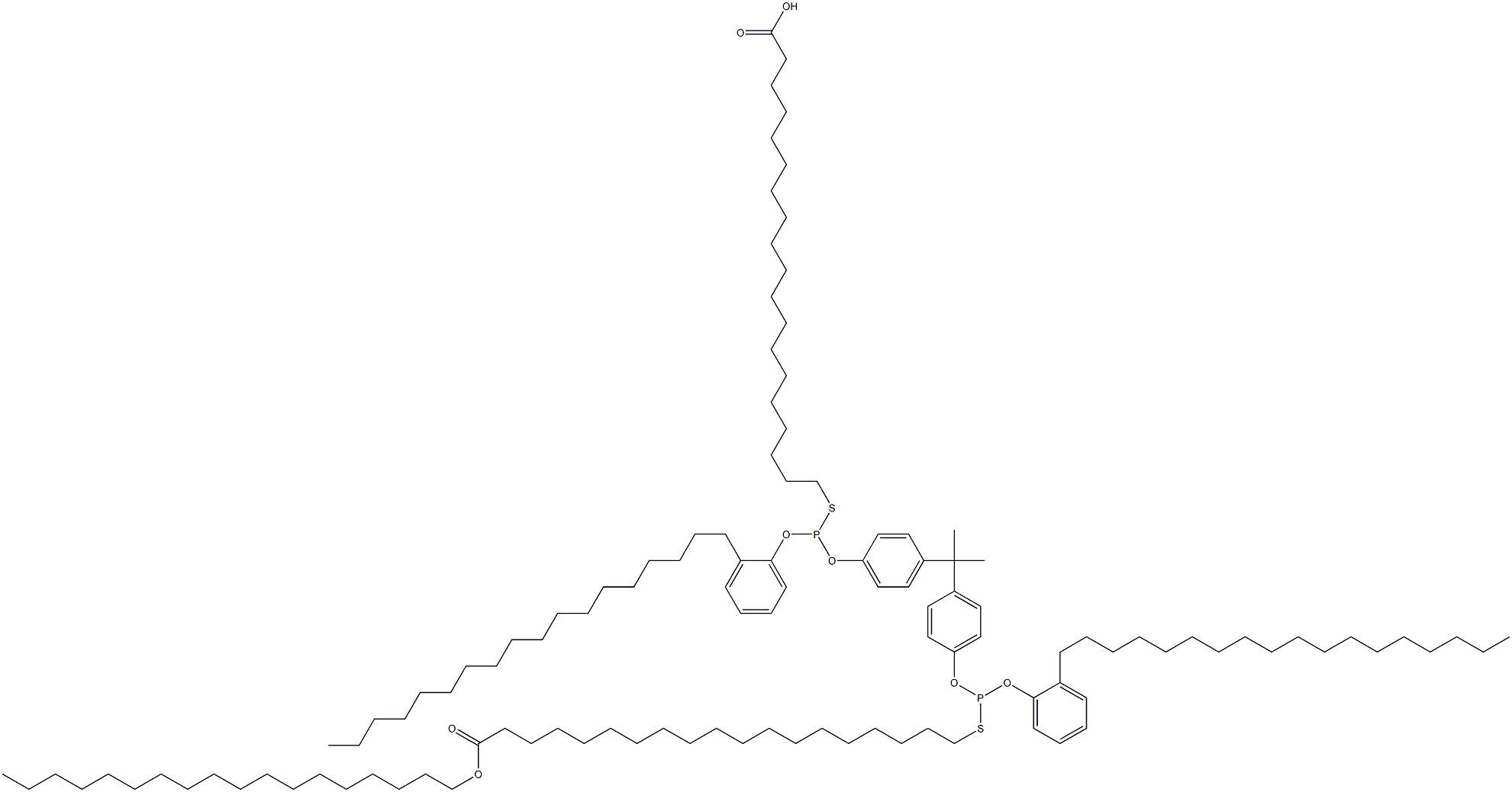 19,19'-[[Isopropylidenebis(4,1-phenyleneoxy)]bis[[(2-octadecylphenyl)oxy]phosphinediylthio]]bis(nonadecanoic acid octadecyl) ester 구조식 이미지